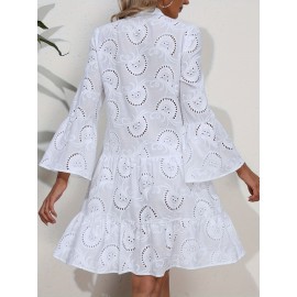Elegant Ruffled Hem Flared Sleeve Dress - Women's Solid V Neck Wedding Graduation Party Dresses - Perfect for Engagement, Ceremony, Holiday, Vacation, Birthday Occasions