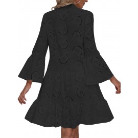 Elegant Ruffled Hem Flared Sleeve Dress - Women's Solid V Neck Wedding Graduation Party Dresses - Perfect for Engagement, Ceremony, Holiday, Vacation, Birthday Occasions