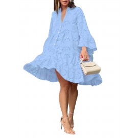 Elegant Ruffled Hem Flared Sleeve Dress - Women's Solid V Neck Wedding Graduation Party Dresses - Perfect for Engagement, Ceremony, Holiday, Vacation, Birthday Occasions