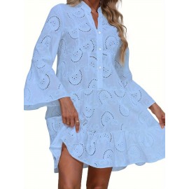 Elegant Ruffled Hem Flared Sleeve Dress - Women's Solid V Neck Wedding Graduation Party Dresses - Perfect for Engagement, Ceremony, Holiday, Vacation, Birthday Occasions
