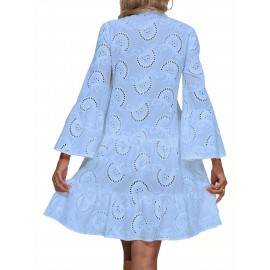 Elegant Ruffled Hem Flared Sleeve Dress - Women's Solid V Neck Wedding Graduation Party Dresses - Perfect for Engagement, Ceremony, Holiday, Vacation, Birthday Occasions
