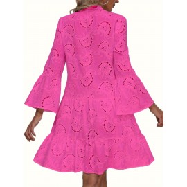 Elegant Ruffled Hem Flared Sleeve Dress - Women's Solid V Neck Wedding Graduation Party Dresses - Perfect for Engagement, Ceremony, Holiday, Vacation, Birthday Occasions