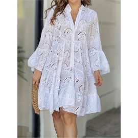 Elegant Ruffled Hem Flared Sleeve Dress - Women's Solid V Neck Wedding Graduation Party Dresses - Perfect for Engagement, Ceremony, Holiday, Vacation, Birthday Occasions