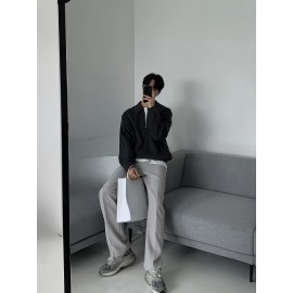 Men's Stylish Solid Knitted Shirt, Casual Slightly Stretch Breathable Lapel Zip Up Long Sleeve Shirt Top For City Walk Street Hanging K-pop