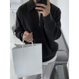 Men's Stylish Solid Knitted Shirt, Casual Slightly Stretch Breathable Lapel Zip Up Long Sleeve Shirt Top For City Walk Street Hanging K-pop
