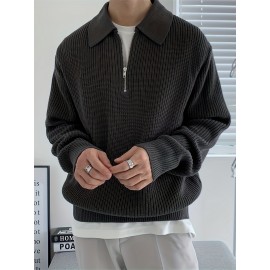 Men's Stylish Solid Knitted Shirt, Casual Slightly Stretch Breathable Lapel Zip Up Long Sleeve Shirt Top For City Walk Street Hanging K-pop