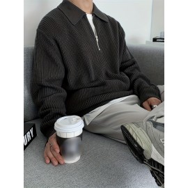 Men's Stylish Solid Knitted Shirt, Casual Slightly Stretch Breathable Lapel Zip Up Long Sleeve Shirt Top For City Walk Street Hanging K-pop