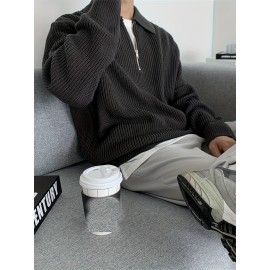 Men's Stylish Solid Knitted Shirt, Casual Slightly Stretch Breathable Lapel Zip Up Long Sleeve Shirt Top For City Walk Street Hanging K-pop