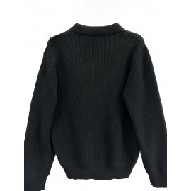 Men's Stylish Solid Knitted Shirt, Casual Slightly Stretch Breathable Lapel Zip Up Long Sleeve Shirt Top For City Walk Street Hanging K-pop