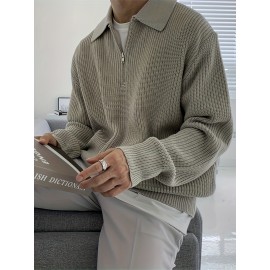 Men's Stylish Solid Knitted Shirt, Casual Slightly Stretch Breathable Lapel Zip Up Long Sleeve Shirt Top For City Walk Street Hanging K-pop