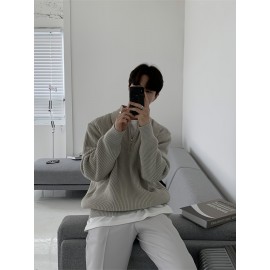 Men's Stylish Solid Knitted Shirt, Casual Slightly Stretch Breathable Lapel Zip Up Long Sleeve Shirt Top For City Walk Street Hanging K-pop