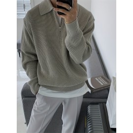 Men's Stylish Solid Knitted Shirt, Casual Slightly Stretch Breathable Lapel Zip Up Long Sleeve Shirt Top For City Walk Street Hanging K-pop