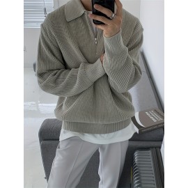 Men's Stylish Solid Knitted Shirt, Casual Slightly Stretch Breathable Lapel Zip Up Long Sleeve Shirt Top For City Walk Street Hanging K-pop