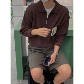 Men's Stylish Solid Knitted Shirt, Casual Slightly Stretch Breathable Lapel Zip Up Long Sleeve Shirt Top For City Walk Street Hanging K-pop