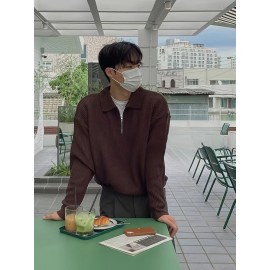 Men's Stylish Solid Knitted Shirt, Casual Slightly Stretch Breathable Lapel Zip Up Long Sleeve Shirt Top For City Walk Street Hanging K-pop