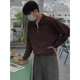 Men's Stylish Solid Knitted Shirt, Casual Slightly Stretch Breathable Lapel Zip Up Long Sleeve Shirt Top For City Walk Street Hanging K-pop