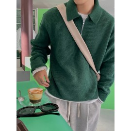 Men's Stylish Solid Knitted Shirt, Casual Slightly Stretch Breathable Lapel Zip Up Long Sleeve Shirt Top For City Walk Street Hanging K-pop