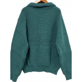 Men's Stylish Solid Knitted Shirt, Casual Slightly Stretch Breathable Lapel Zip Up Long Sleeve Shirt Top For City Walk Street Hanging K-pop
