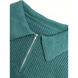 Men's Stylish Solid Knitted Shirt, Casual Slightly Stretch Breathable Lapel Zip Up Long Sleeve Shirt Top For City Walk Street Hanging K-pop