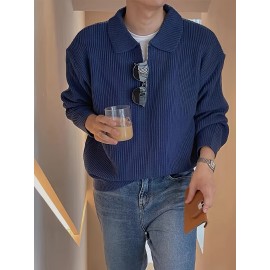 Men's Stylish Solid Knitted Shirt, Casual Slightly Stretch Breathable Lapel Zip Up Long Sleeve Shirt Top For City Walk Street Hanging K-pop