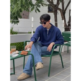 Men's Stylish Solid Knitted Shirt, Casual Slightly Stretch Breathable Lapel Zip Up Long Sleeve Shirt Top For City Walk Street Hanging K-pop