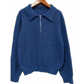 Men's Stylish Solid Knitted Shirt, Casual Slightly Stretch Breathable Lapel Zip Up Long Sleeve Shirt Top For City Walk Street Hanging K-pop