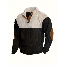 Mens Retro Color Block Knitted Mid Stretch Stand Collar Pullover Sweater - Warm, Casual, Long Sleeve, Button Front, Machine Washable - Perfect for Fall and Winter, Old Money Style