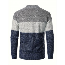 Warm And Thick Fleece Jacket For Male, Men's Casual Comfy Color Block Mid Stretch Zip Up Knit Cardigan For Winter And Fall