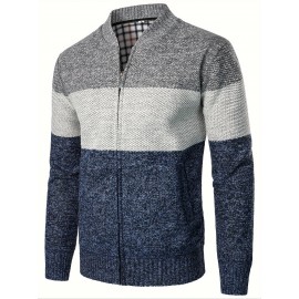 Warm And Thick Fleece Jacket For Male, Men's Casual Comfy Color Block Mid Stretch Zip Up Knit Cardigan For Winter And Fall