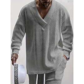 Cozy Cable Knit Sweater - Men's Casual Warm Loose Fit V Neck Pullover Sweater for Fall Winter - Soft Cotton Blend, Slightly Stretchy, Old Money Style, Perfect for Outdoor Activities