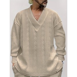 Cozy Cable Knit Sweater - Men's Casual Warm Loose Fit V Neck Pullover Sweater for Fall Winter - Soft Cotton Blend, Slightly Stretchy, Old Money Style, Perfect for Outdoor Activities