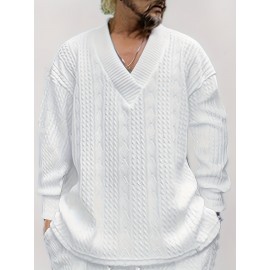 Cozy Cable Knit Sweater - Men's Casual Warm Loose Fit V Neck Pullover Sweater for Fall Winter - Soft Cotton Blend, Slightly Stretchy, Old Money Style, Perfect for Outdoor Activities