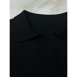 Men's Stripe Pattern Medium Stretch Short Sleeve Lapel Sweater, Men's Casual Solid Color V-Neck Top For Daily Wear & Business Clothing