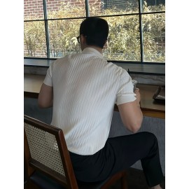 Men's Stripe Pattern Medium Stretch Short Sleeve Lapel Sweater, Men's Casual Solid Color V-Neck Top For Daily Wear & Business Clothing