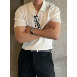 Men's Stripe Pattern Medium Stretch Short Sleeve Lapel Sweater, Men's Casual Solid Color V-Neck Top For Daily Wear & Business Clothing