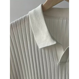 Men's Stripe Pattern Medium Stretch Short Sleeve Lapel Sweater, Men's Casual Solid Color V-Neck Top For Daily Wear & Business Clothing