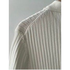 Men's Stripe Pattern Medium Stretch Short Sleeve Lapel Sweater, Men's Casual Solid Color V-Neck Top For Daily Wear & Business Clothing
