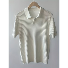 Men's Stripe Pattern Medium Stretch Short Sleeve Lapel Sweater, Men's Casual Solid Color V-Neck Top For Daily Wear & Business Clothing