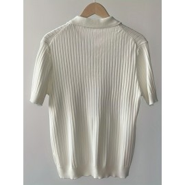 Men's Stripe Pattern Medium Stretch Short Sleeve Lapel Sweater, Men's Casual Solid Color V-Neck Top For Daily Wear & Business Clothing