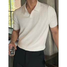 Men's Stripe Pattern Medium Stretch Short Sleeve Lapel Sweater, Men's Casual Solid Color V-Neck Top For Daily Wear & Business Clothing