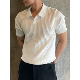 Men's Stripe Pattern Medium Stretch Short Sleeve Lapel Sweater, Men's Casual Solid Color V-Neck Top For Daily Wear & Business Clothing