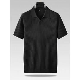 Men's Stripe Pattern Medium Stretch Short Sleeve Lapel Sweater, Men's Casual Solid Color V-Neck Top For Daily Wear & Business Clothing