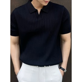 Men's Stripe Pattern Medium Stretch Short Sleeve Lapel Sweater, Men's Casual Solid Color V-Neck Top For Daily Wear & Business Clothing