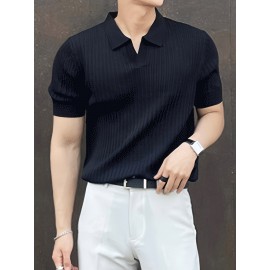 Men's Stripe Pattern Medium Stretch Short Sleeve Lapel Sweater, Men's Casual Solid Color V-Neck Top For Daily Wear & Business Clothing