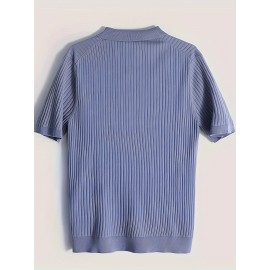 Men's Stripe Pattern Medium Stretch Short Sleeve Lapel Sweater, Men's Casual Solid Color V-Neck Top For Daily Wear & Business Clothing