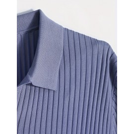 Men's Stripe Pattern Medium Stretch Short Sleeve Lapel Sweater, Men's Casual Solid Color V-Neck Top For Daily Wear & Business Clothing