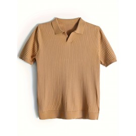 Men's Stripe Pattern Medium Stretch Short Sleeve Lapel Sweater, Men's Casual Solid Color V-Neck Top For Daily Wear & Business Clothing