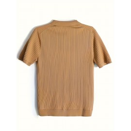 Men's Stripe Pattern Medium Stretch Short Sleeve Lapel Sweater, Men's Casual Solid Color V-Neck Top For Daily Wear & Business Clothing