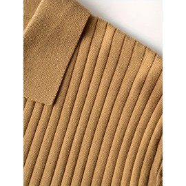 Men's Stripe Pattern Medium Stretch Short Sleeve Lapel Sweater, Men's Casual Solid Color V-Neck Top For Daily Wear & Business Clothing