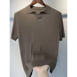 Men's Stripe Pattern Medium Stretch Short Sleeve Lapel Sweater, Men's Casual Solid Color V-Neck Top For Daily Wear & Business Clothing